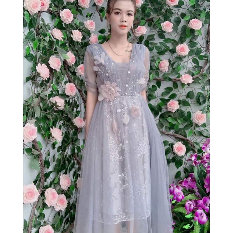ĐẦM XOÈ CÔNG CHÚA TAY LỠ ĐÍNH HOA KẾT ĐÁ