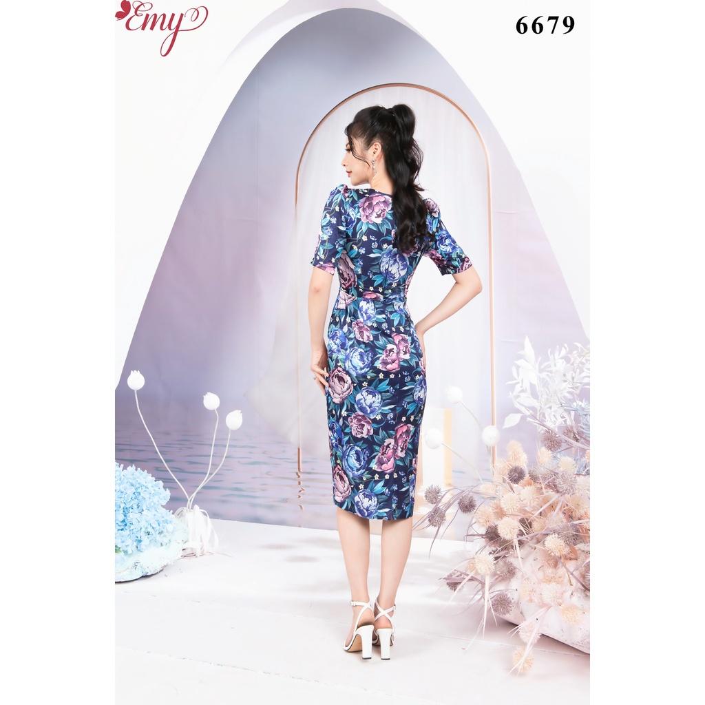 Đầm EMY EM6679 Body Cổ Vuông Lụa Vân Hàn