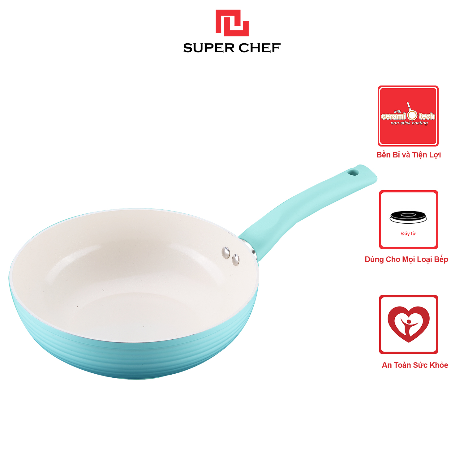 Chảo Xào Chống Dính Ceramic Đáy Từ Chef Blue Thiết Kế Vân Sóng Mới, Sang Trọng Đảm Bảo An Toàn Sức Khỏe, Siêu Bền Bỉ, Không Bong Tróc Size 24cm