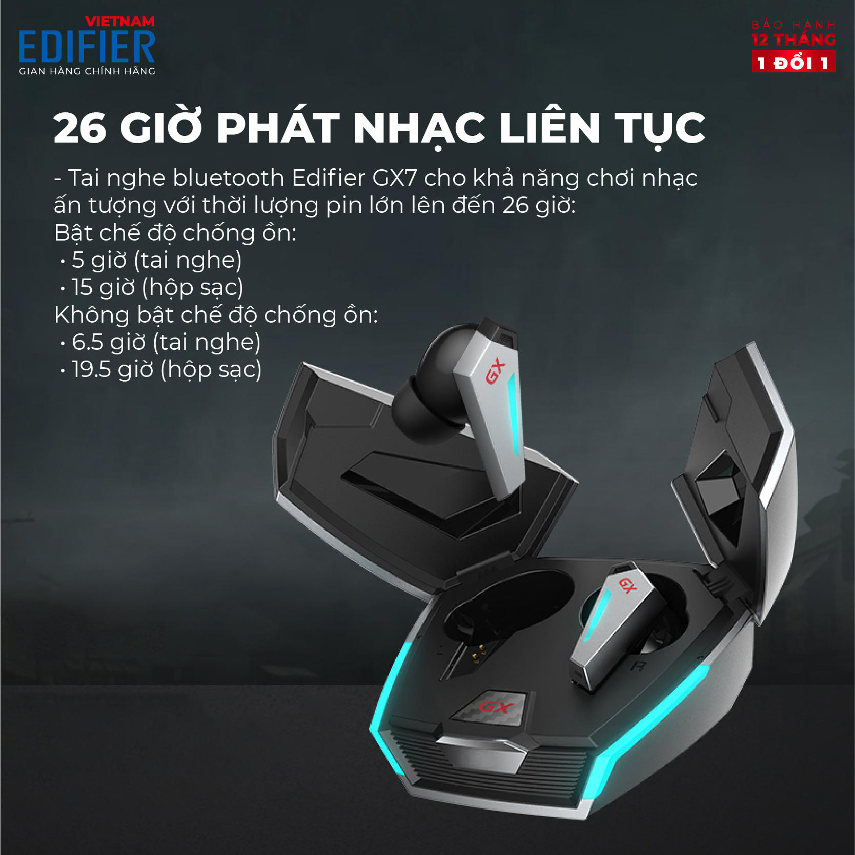 Tai nghe True Wireless Gaming EDIFIER GX07 - 26 giờ phát nhạc Khử tiếng ồn ANC - Driver 8mm, Game Mode - Hàng chính hãng