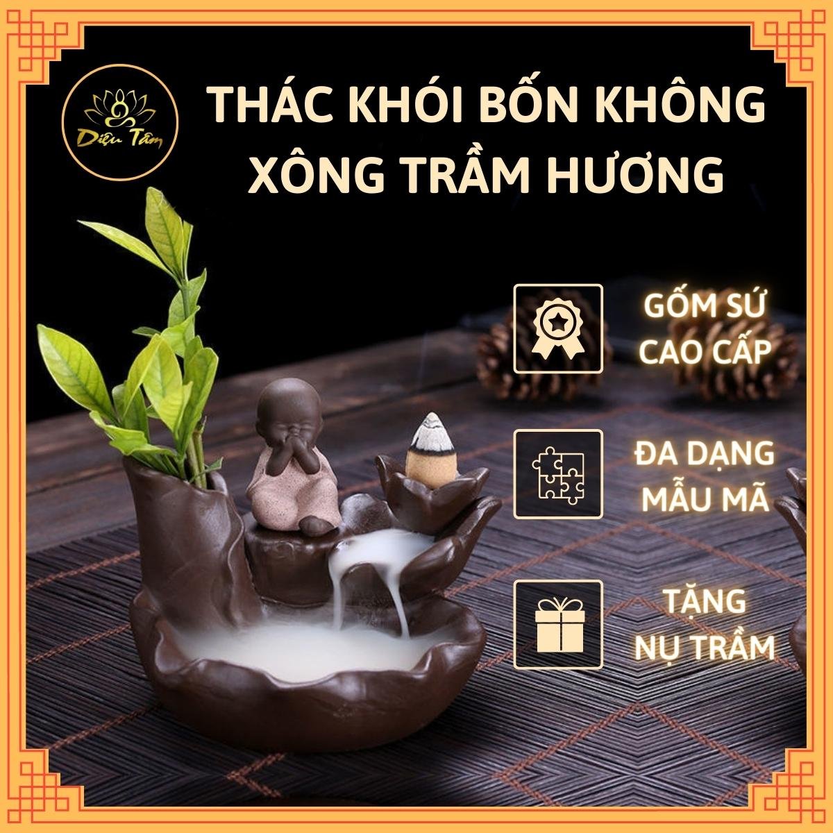 Thác khói trầm hương chú tiểu 4 không, thác khói non bộ tiểu cảnh trang trí tặng 5 nụ trầm thảo mộc