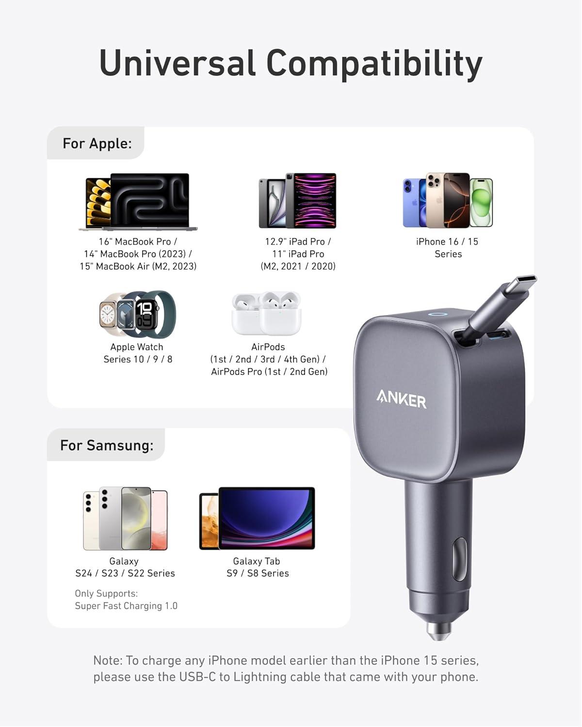 Tẩu sạc ô tô Anker Nano 1C 75W (Built-In Retractable USB-C Cable) Xám (Gray) A2738 - Hàng Chính Hãng