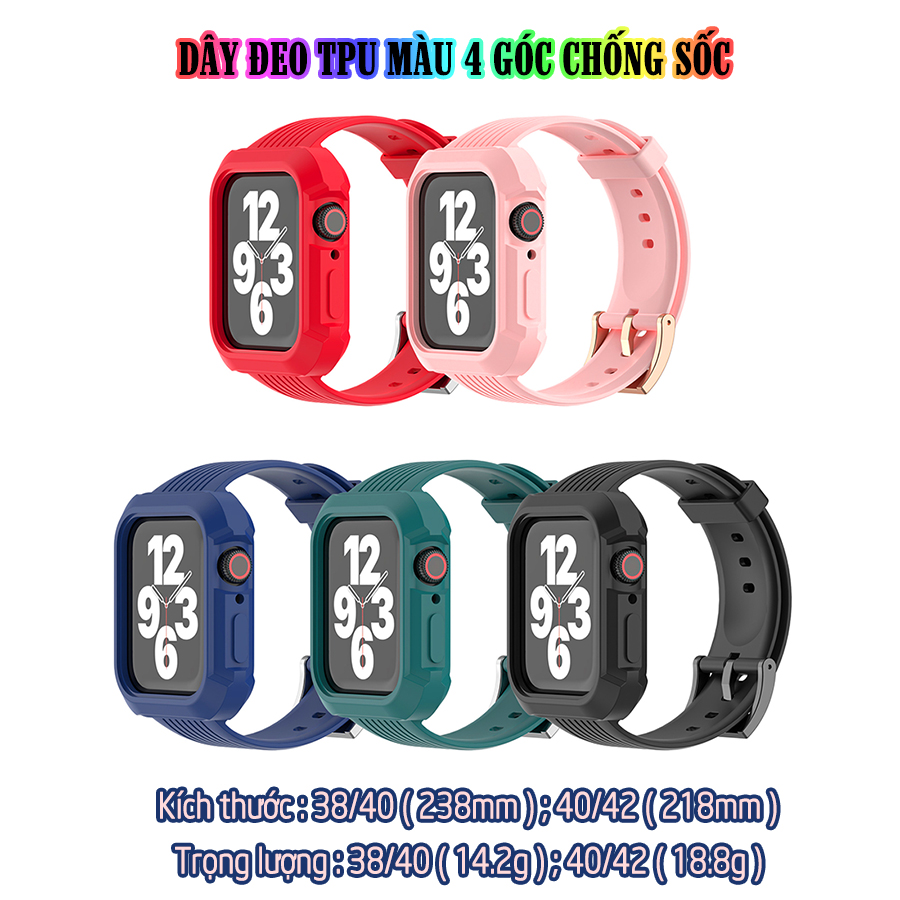 Dây Đeo liền ốp dành cho Apple Watch 7/6/5/4/3/2/1 size 38/40/41/42/44/45mm TPU màu 4 góc chống sốc - nhiều màu (tặng cường lực dẻo theo size