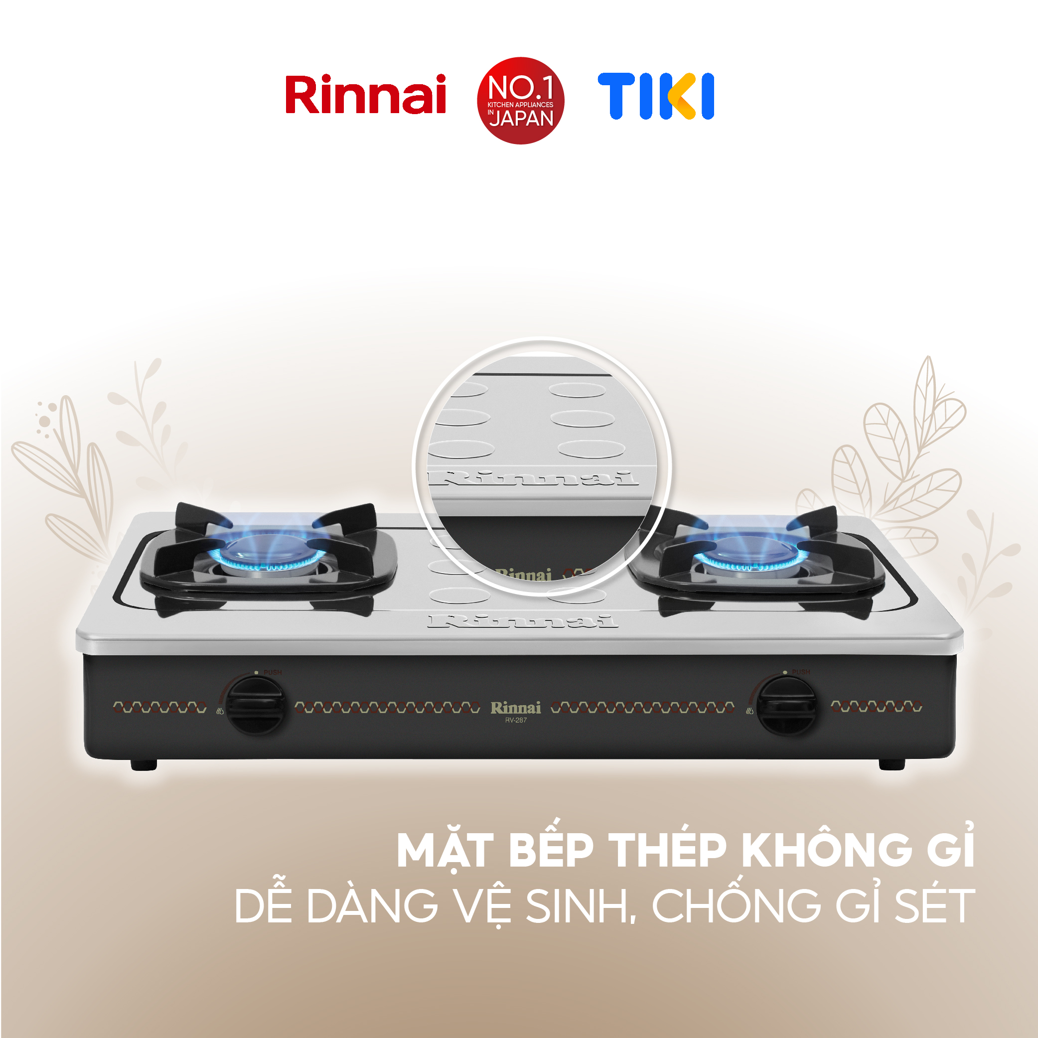 Bếp gas dương Rinnai RV-287(S)N mặt bếp inox và kiềng bếp men - Hàng chính hãng.