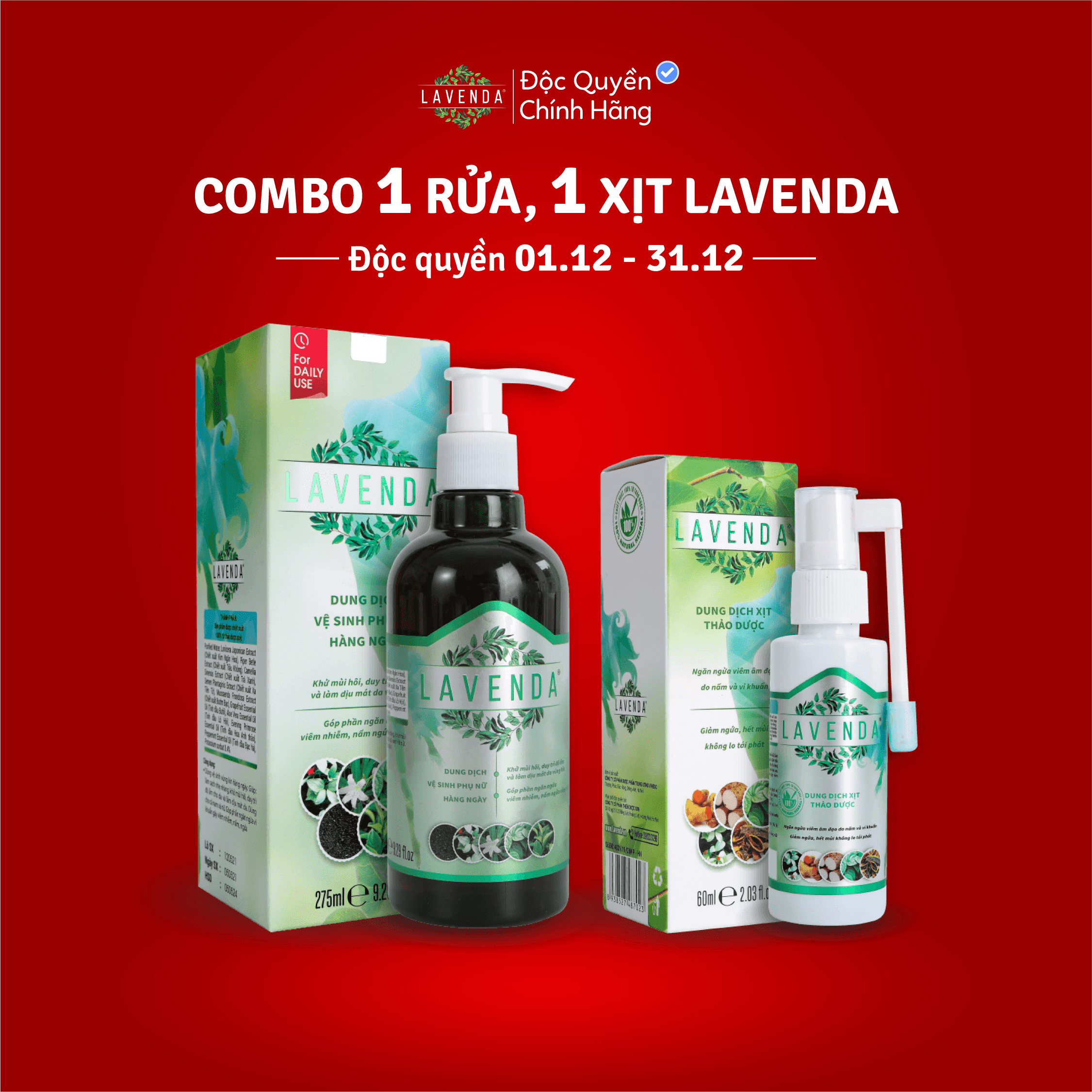 Combo khử Nấm ngứa, Khử mùi hôi, khí hư, Huyết trắng (1 xịt Lavenda 60 ml + 1 rửa Lavenda 275ml)