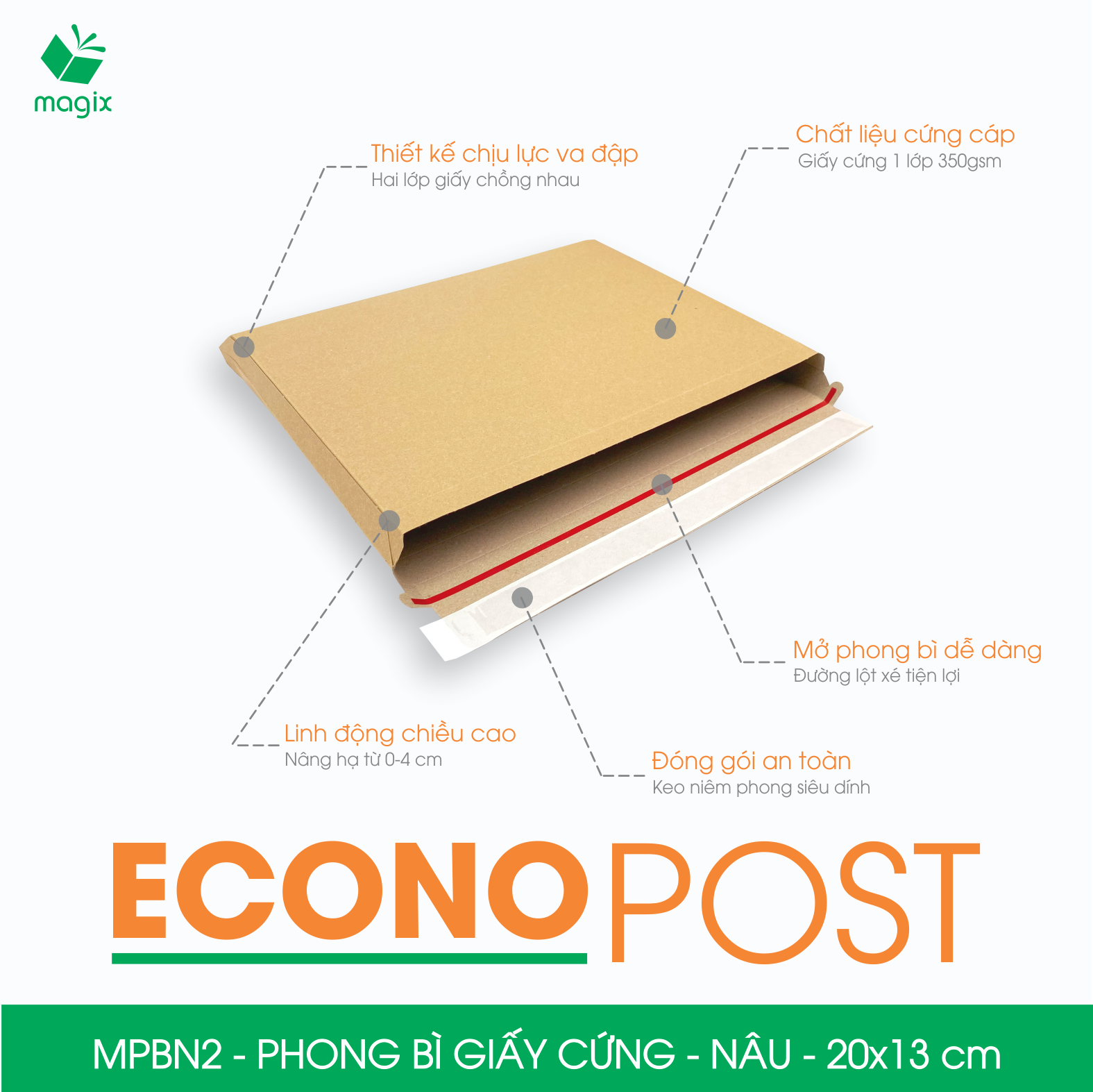 MPBN2 - 20x13 cm - Combo 100 phong bì giấy cứng đóng hàng màu nâu thay thế túi gói hàng