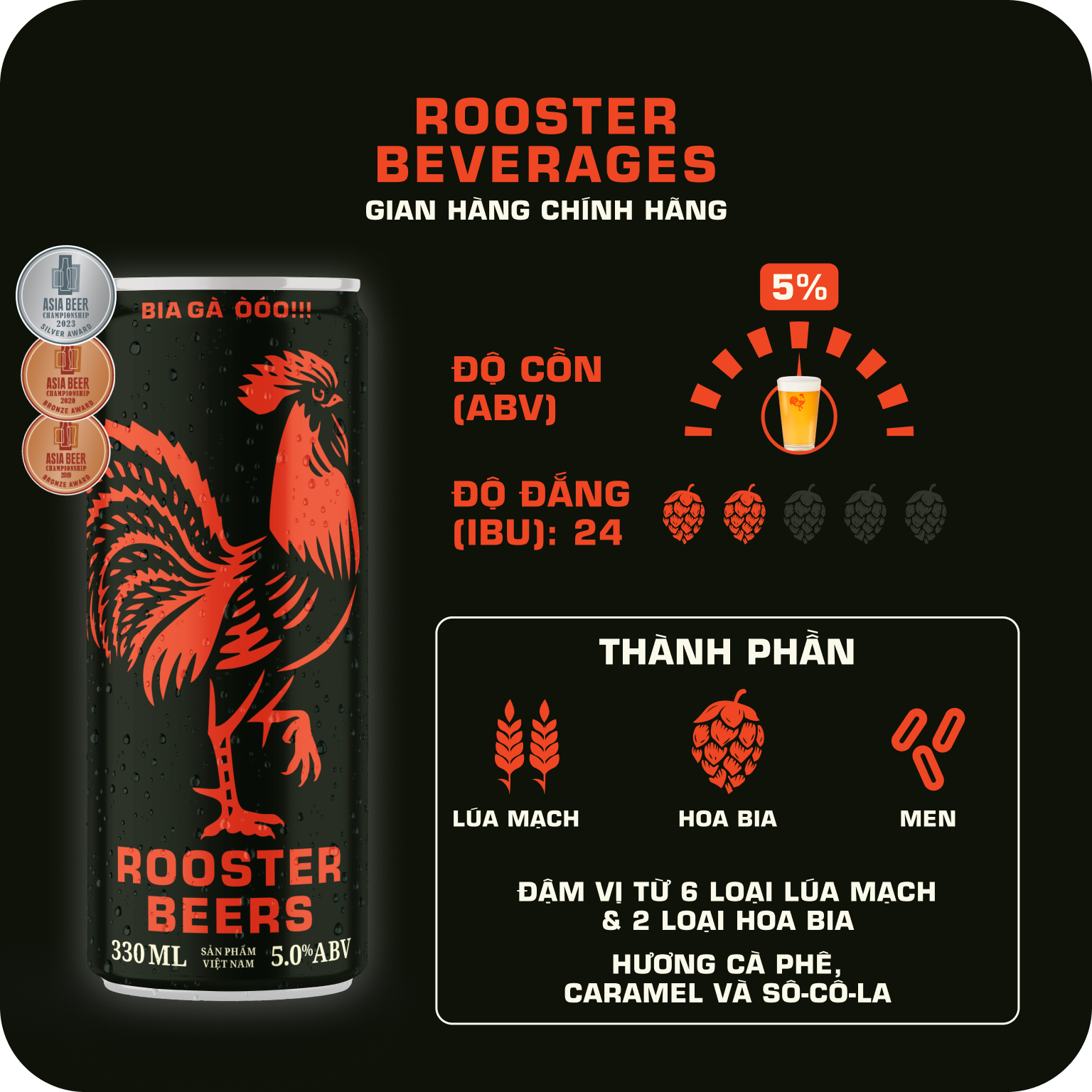 Thùng Rooster Beers Dark (Bia Gà) 24 Lon (330ml/Lon)