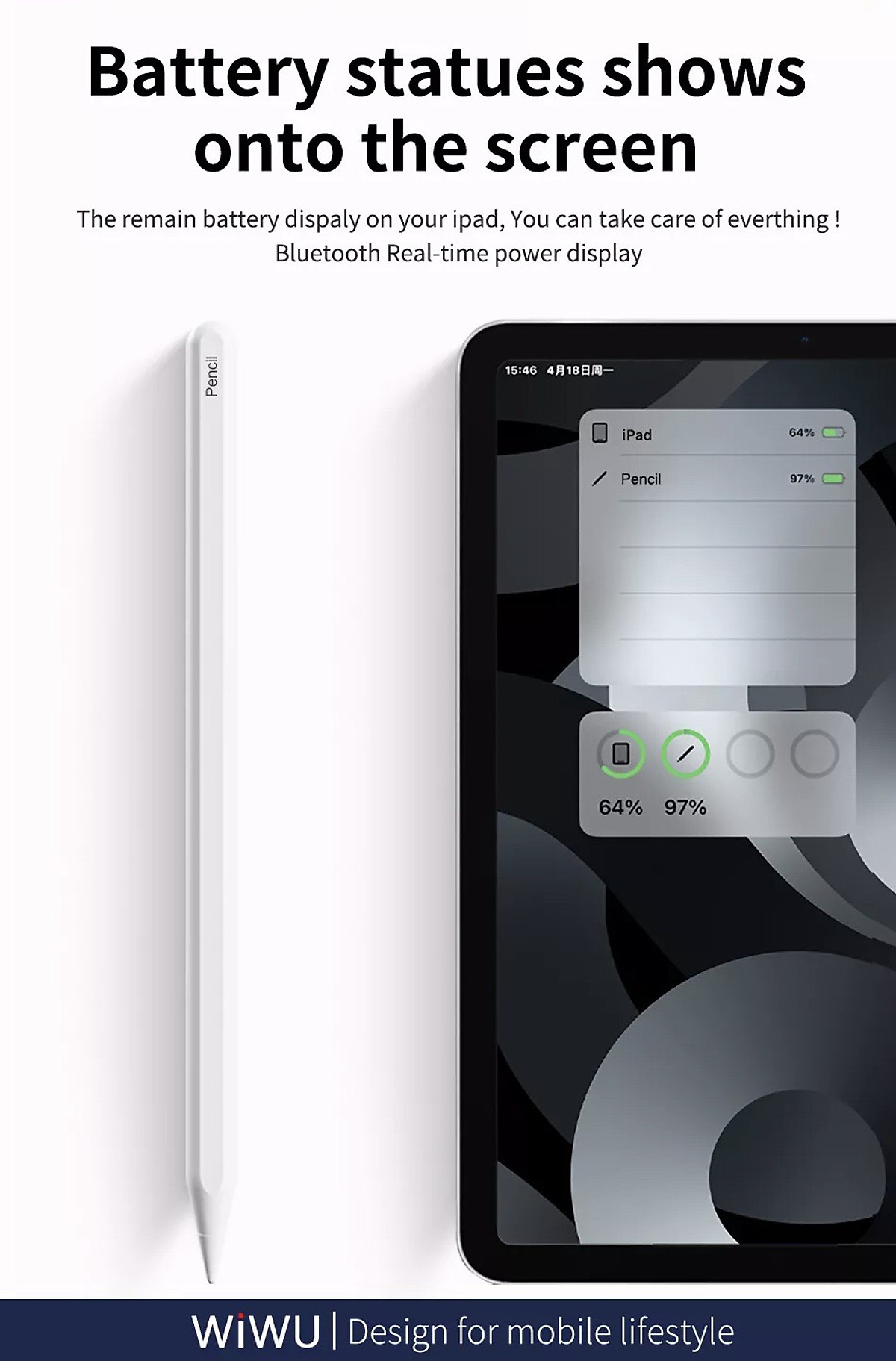Bút Cảm Ứng Wiwu Pencil W Dành Cho iPad Pro và các dòng iPad / iPad Mini Có Sạc Không Dây Từ Tính, Có Chỉ Báo Pin Trên Thân Bút  hỗ trợ viết vẽ nghiêng hơn 60 độ, chống tì tay, trang bị nam châm hít vào iPad - Hàng Chính Hãng
