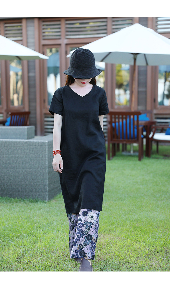 Đầm linen dáng suông cổ tim tay ngắn, kefm đai eo có túi sườn mẫu mới Đũi Việt Dv196
