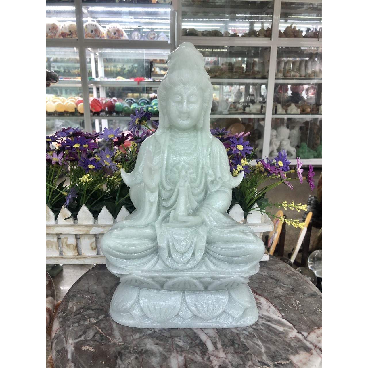 Tượng Phật Bà Quan Thế Âm Bồ Tát ngồi đài sen cầu bình an đá cẩm thạch trắng xanh - Cao 30 cm