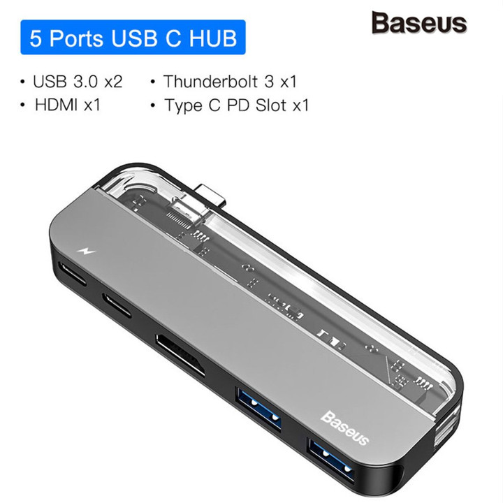 Bộ Hub chuyển đổi 5 trong 1 dùng cho Macbook, iPad Pro nhãn hiệu Baseus CAHUB-TD0G (Màu xám) - Hàng chính hãng