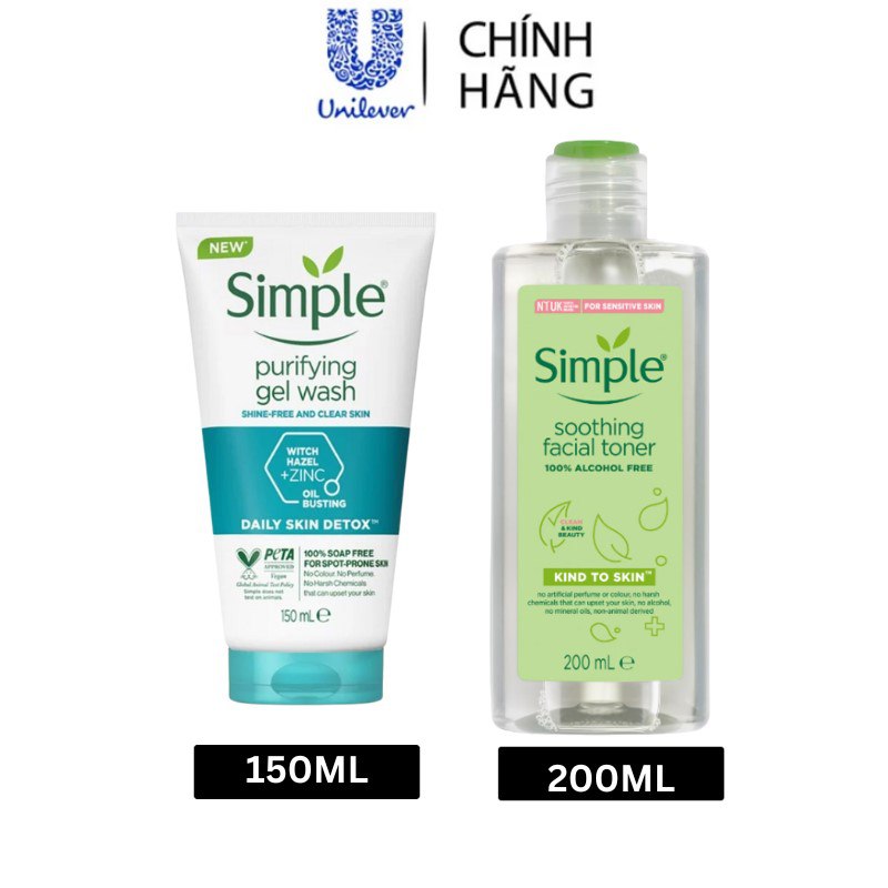Combo Sữa rửa mặt Simple giúp kiềm dầu và ngừa mụn hiệu quả - cho da mụn nhạy cảm 150ml + Nước hoa hồng Simple 200ML