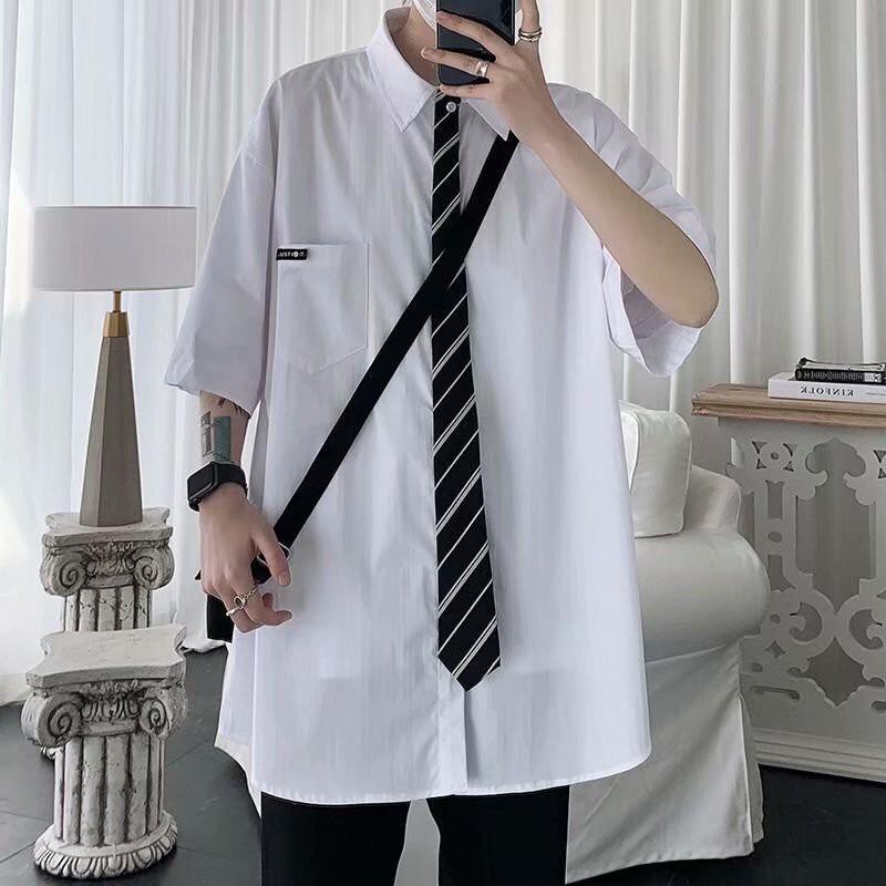 Áo Sơ Mi Tay Ngắn Dáng Rộng + Cà Vạt Có Thể Tháo Rời Cá Tính Thời Trang Dành Cho Nam