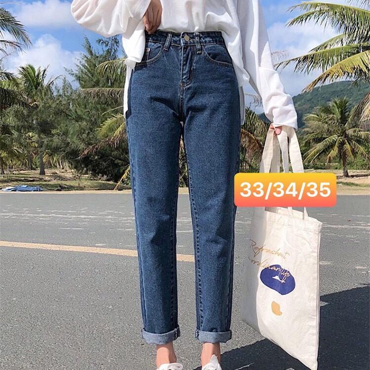 Quần jean baggy quần bò cạp cao chất cotton không co dãn màu xanh
