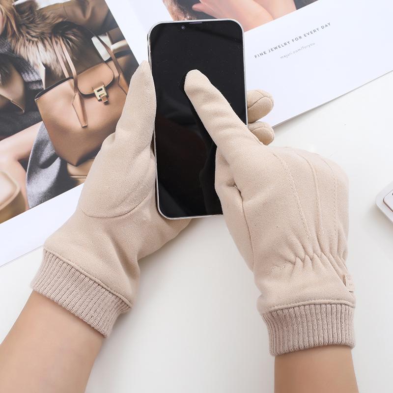 Phong cách mới nhất mùa thu và mùa đông mới găng tay da lộn dành cho nữ đi xe điện ngoài trời lái xe cộng với nhung dày găng tay màn hình cảm ứng chống trượt