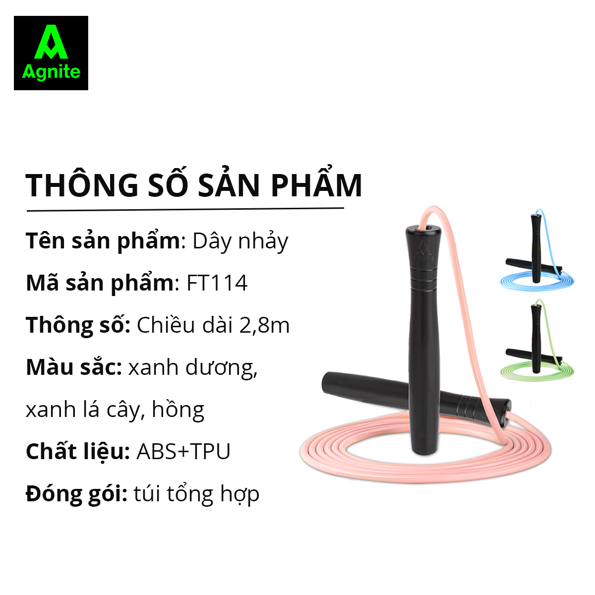 Dây nhảy thể dục nhiều màu Agnite chính hãng, siêu nhẹ, dễ tập luyện hỗ trợ tăng cường sức khỏe, vóc dáng FT114