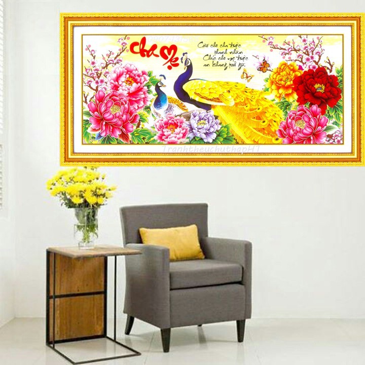 Tranh thêu chữ thập cha mẹ chim công LV3134 - 92 x 43 cm - chưa thêu