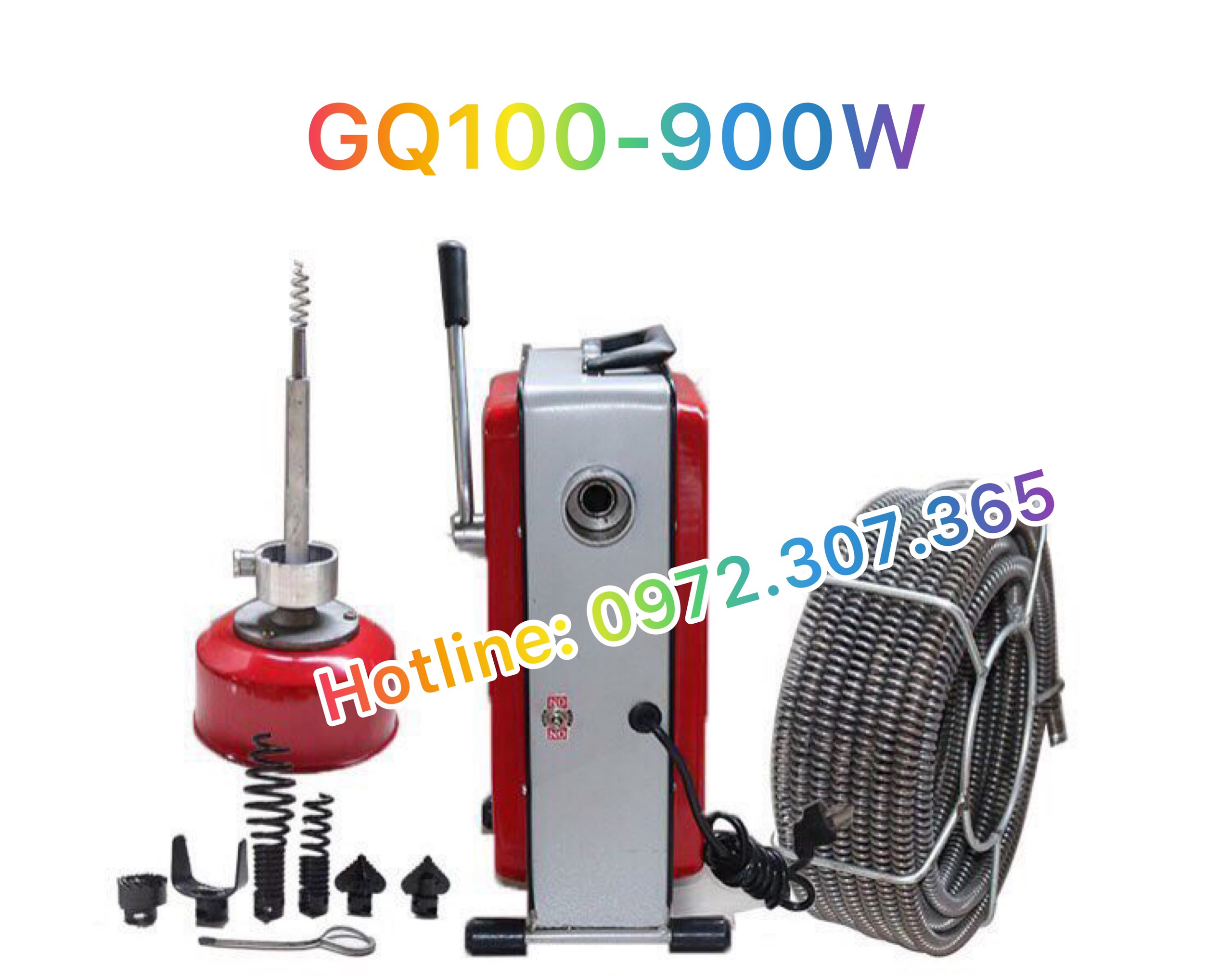 Máy thông tắc cống GQ100-1000w tặng kèm cuộn dây lò xo phi 16 dài 15m và 4m mét cuộn dây lò xo phi 8