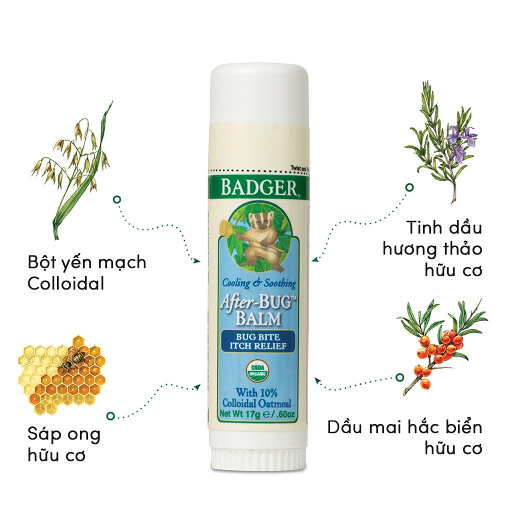 Sáp Hữu Cơ Giảm Ngứa Do Muỗi Đốt Và Côn Trùng Cắn Badger After Bug Balm - Giúp Dịu Vết Ngứa, Lành Da - Chứng nhận USDA organic - 17g