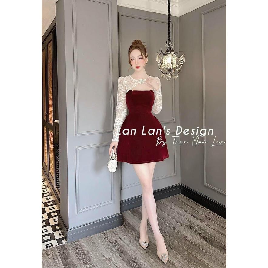 Đầm xoè nhung phối tay ren kèm phụ kiện