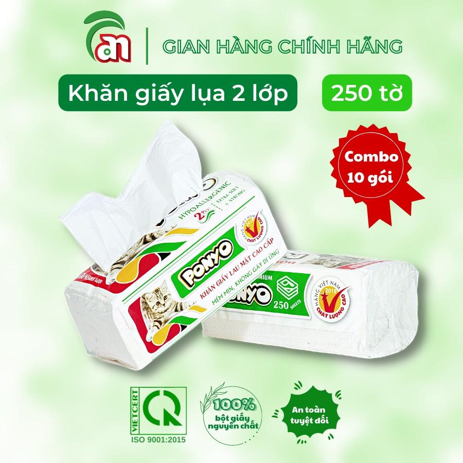 Combo 10 gói Khăn giấy lau mặt - khăn giấy khô siêu mịn, dai, không bụi PONYO 2 lớp gói 250 tờ - Thiên An Nam paper