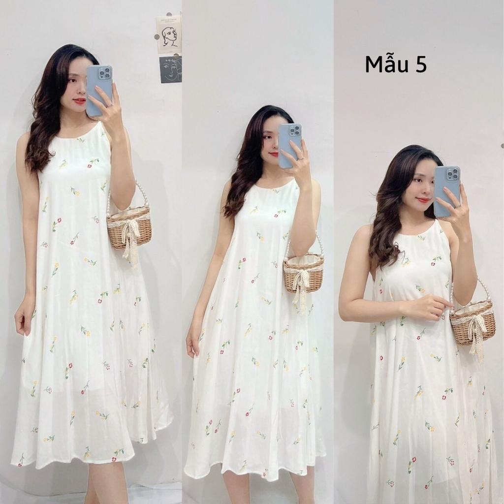 Đầm suông, Váy yếm dài, Đầm maxi hoa nhí Cao Cấp dáng suông vàng trắng, form rộng dài qua gối - MiNhi