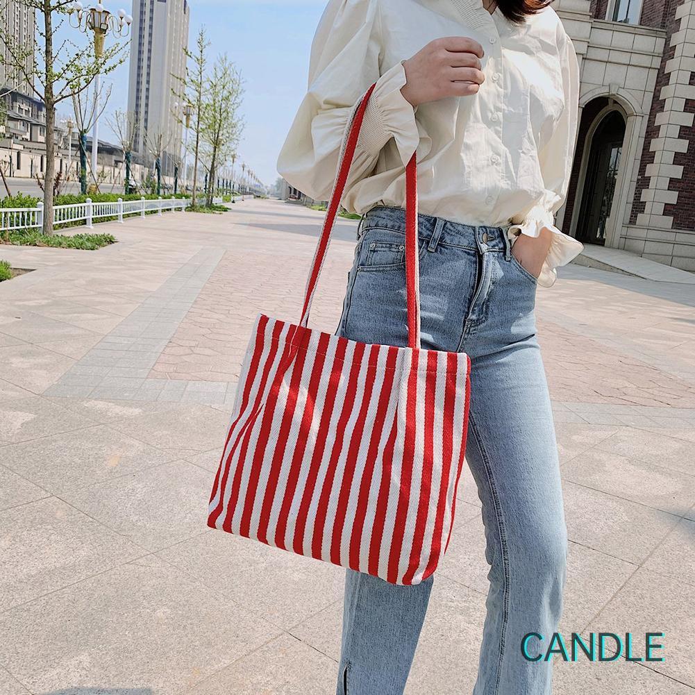 Túi Xách Đeo Vai Vải Canvas Cỡ Lớn Kẻ Sọc Phối Màu Xinh Xắn Cho Nữ
