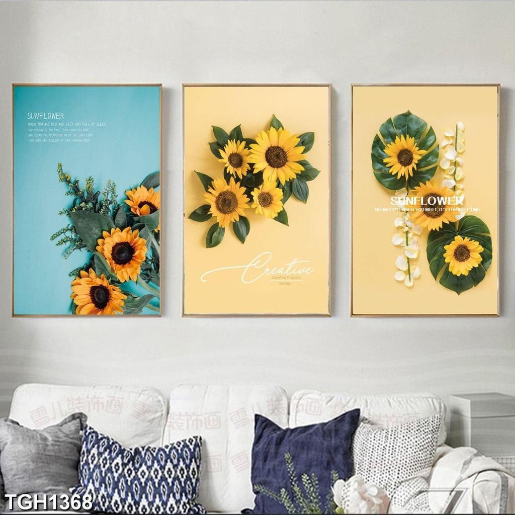  - Bộ 3 Tranh canvas giá xưởng - HOA HƯỚNG DƯƠNG - Tranh treo tường canvas tặng kèm đinh