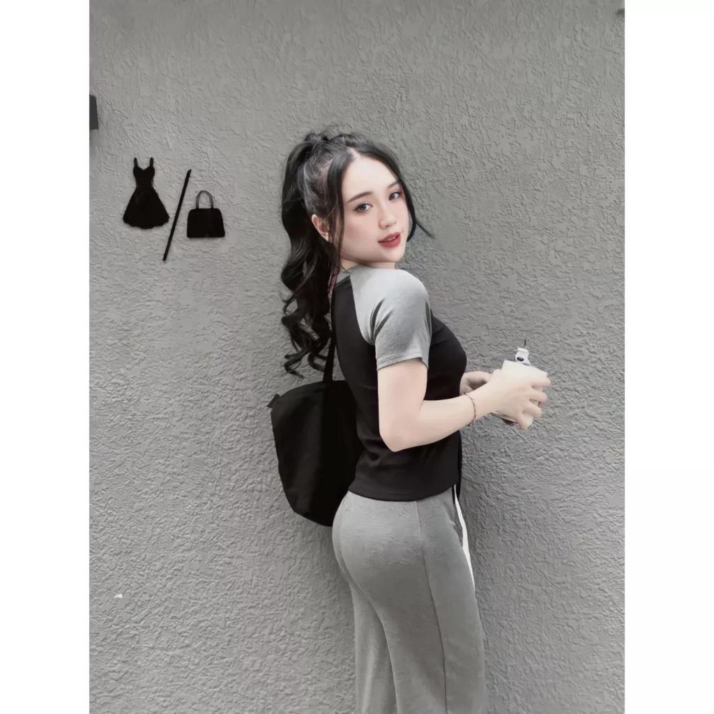 Bộ Áo Thun Ôm Tay Phối Màu Kèm Quần Ống Rộng Dây Rút Vải Cotton