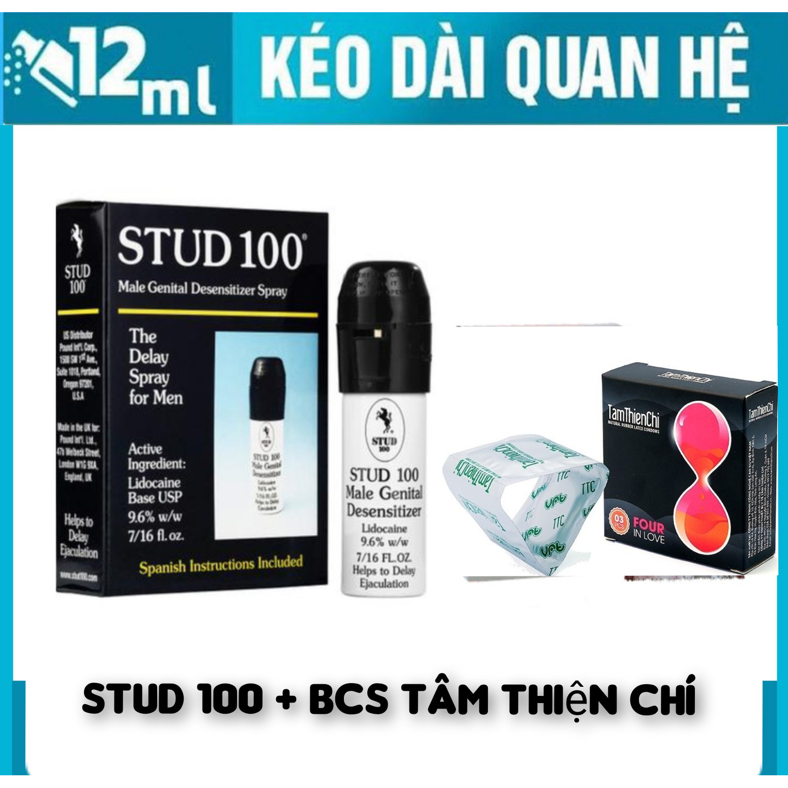 Chay Xịt (Anh Quốc) Stud 100 kéo dài thời gian + Bao Cao Su TTC Four In Love