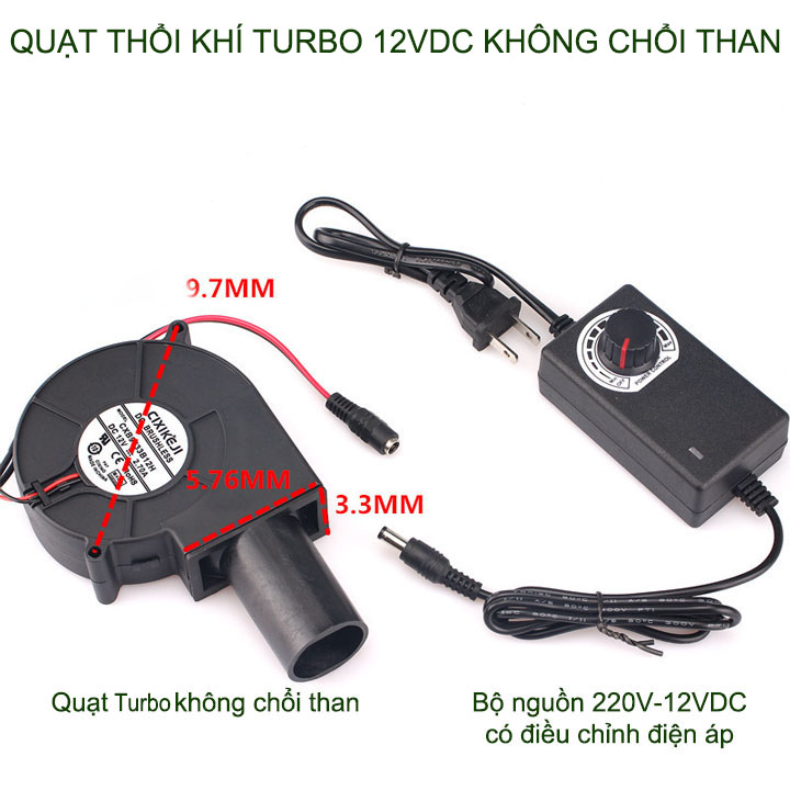 Quạt thổi khí 12V Turbo không chổi than, bộ nguồn điều tốc, chuyên dùng cho bếp nướng than hoa