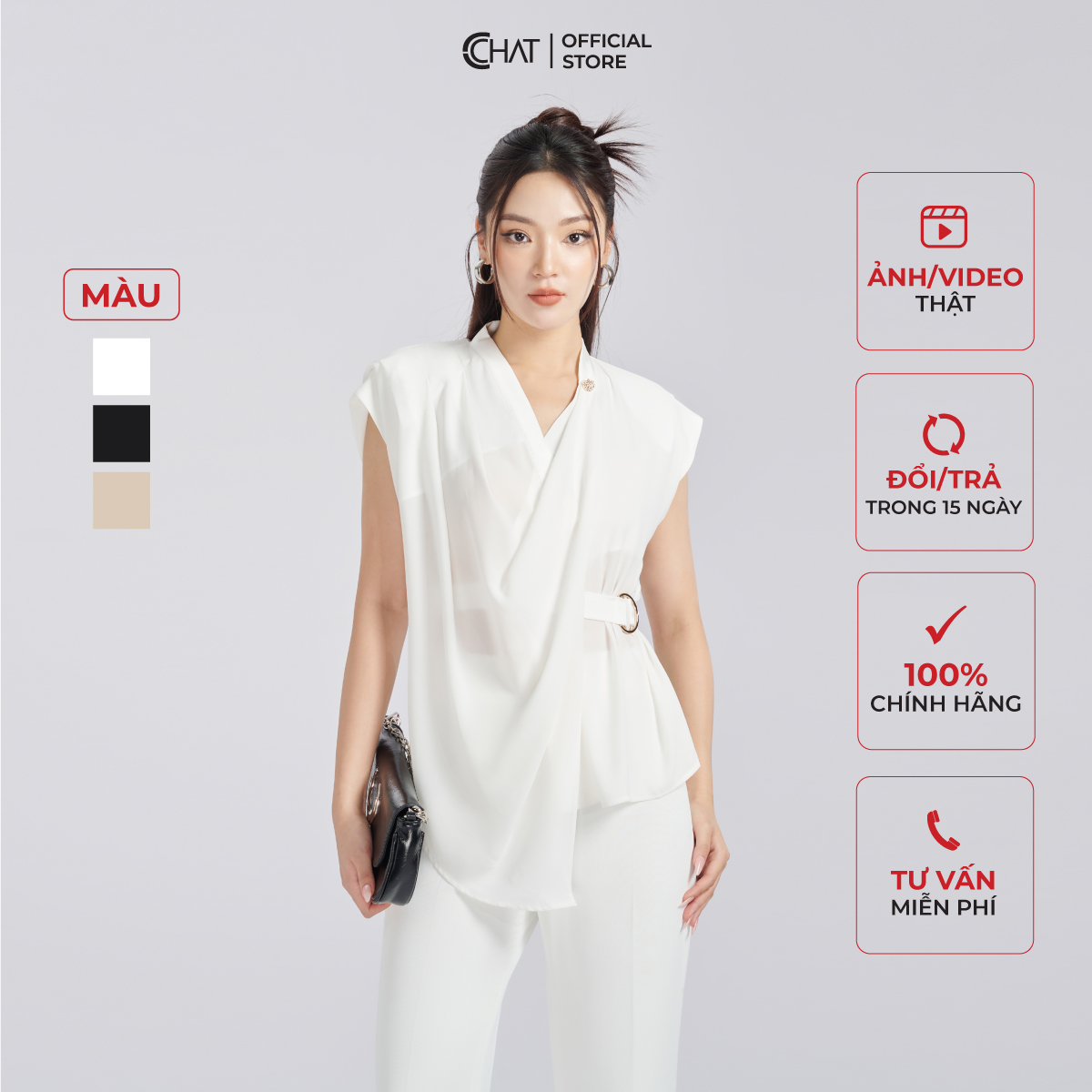Áo Kiểu Nữ Dáng Suông Phối Đai Nẹp Kim Loại Trang Trí 53ANV8010ST