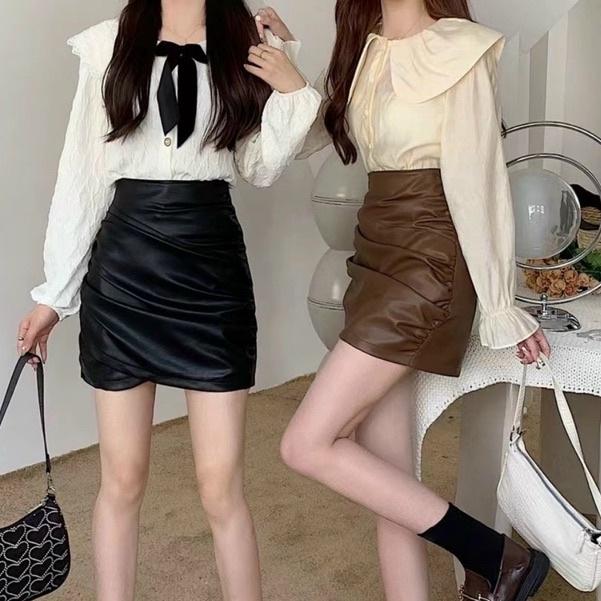 Chân Váy Da Nữ Kiểu Nhún , Có Dây Rút 2 Bên Hông Dáng Chân Váy Da Nữ Cá Tính - CV29, CV30