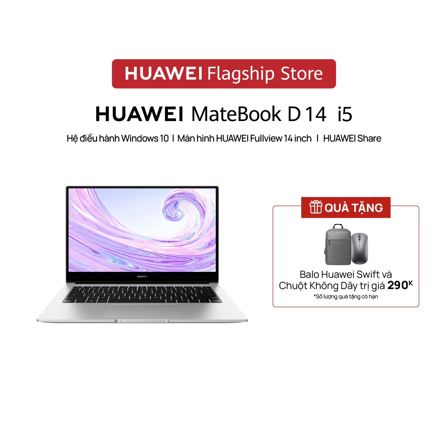 Máy Tính Xách Tay HUAWEI MateBook D 14 i5 (8+512G) | Màn Hình HUAWEI FullView | Nút Nguồn Tích Hợp Khóa Vân Tay | Hợp Tác Đa Màn Hình | Góc Mở 180° | Hàng Chính Hãng