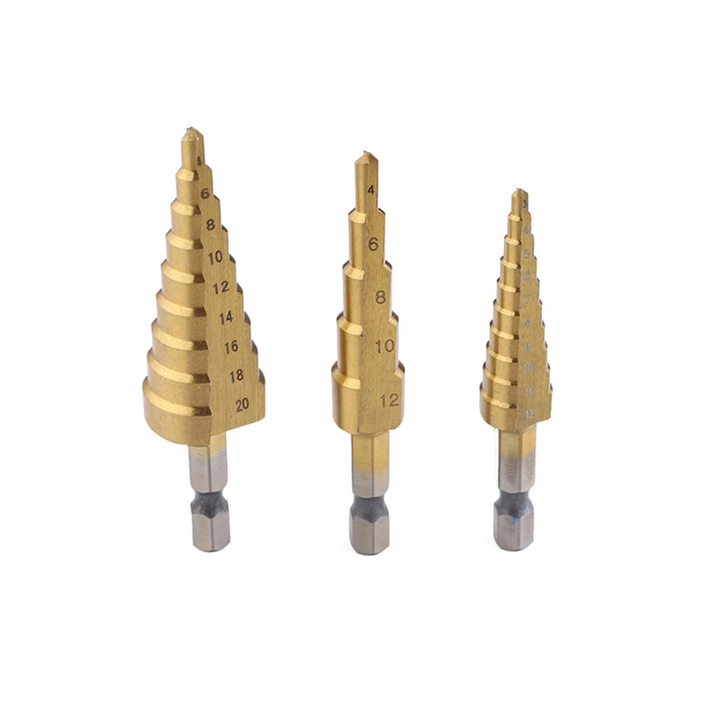 3pcs Step Titanium Cone Drill Hole Cutter Bit Set Tool Triangular Shank Set