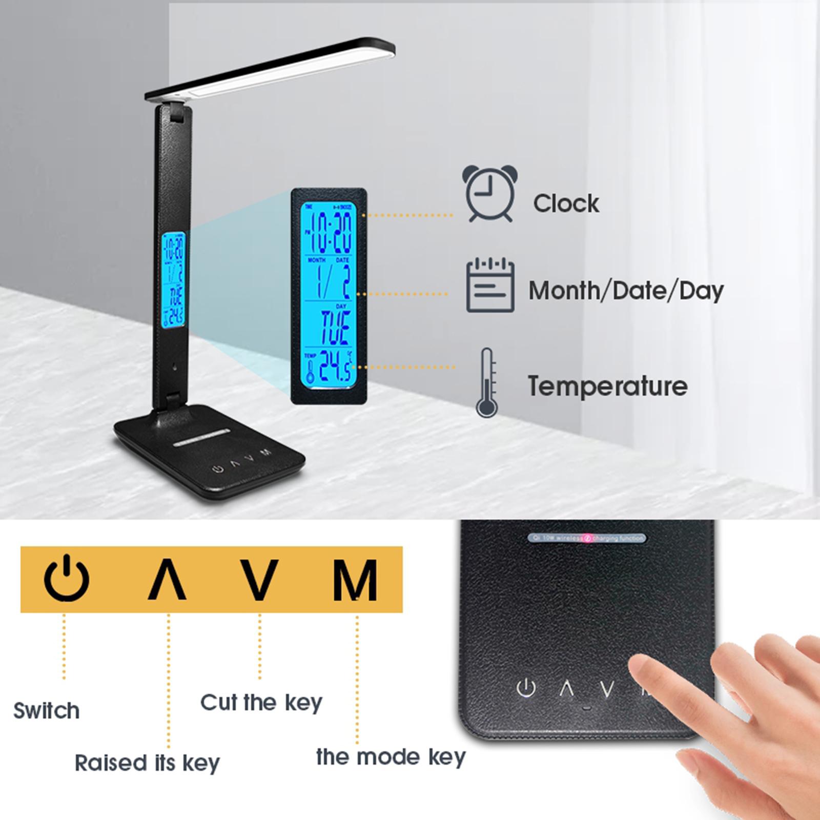 QI Wireless Charging LED Desk Lamp with Calendar Temperature Clock LCD Display Eye Protect Reading Light Table Lamp