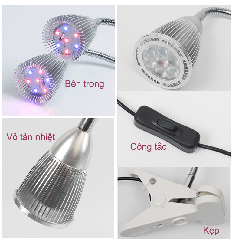 Bộ đèn led chiếu rọi trồng cây trong nhà công suất 7W, có tản nhiệt nhôm giúp đèn rất bền