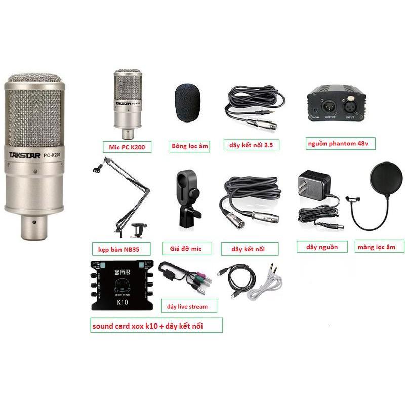 COMBO Bộ Mic Thu Âm Livestream Mic Pc K200, Sound k10, Dây livestream tốt, Chân Kẹp Míc, Màng Lọc Âm