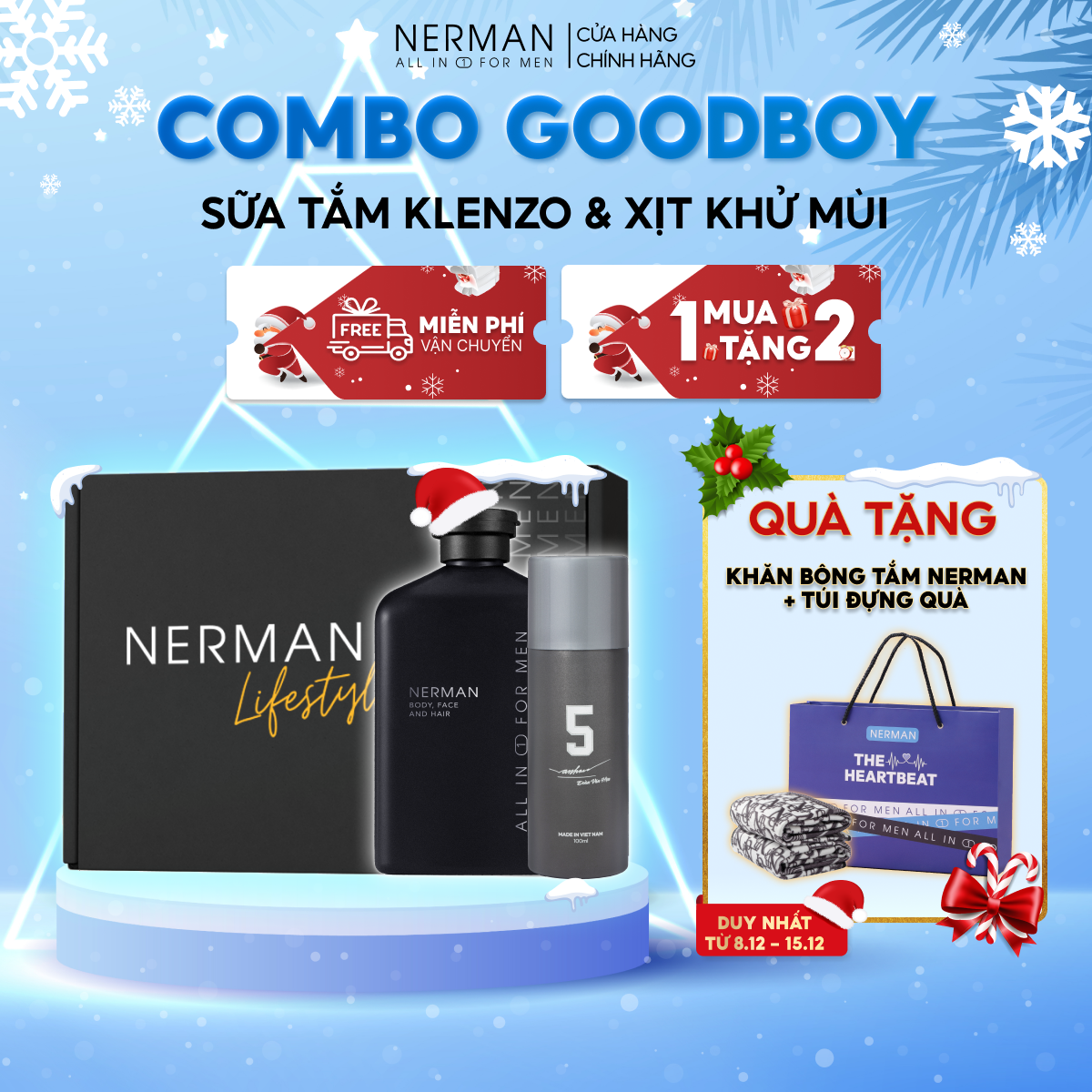 Combo Badboy Nerman - Sữa tắm gội 3in1 hương nước hoa cao cấp 350ml & Gel vệ sinh nam 100ml & Nước hoa khử mùi 100ml