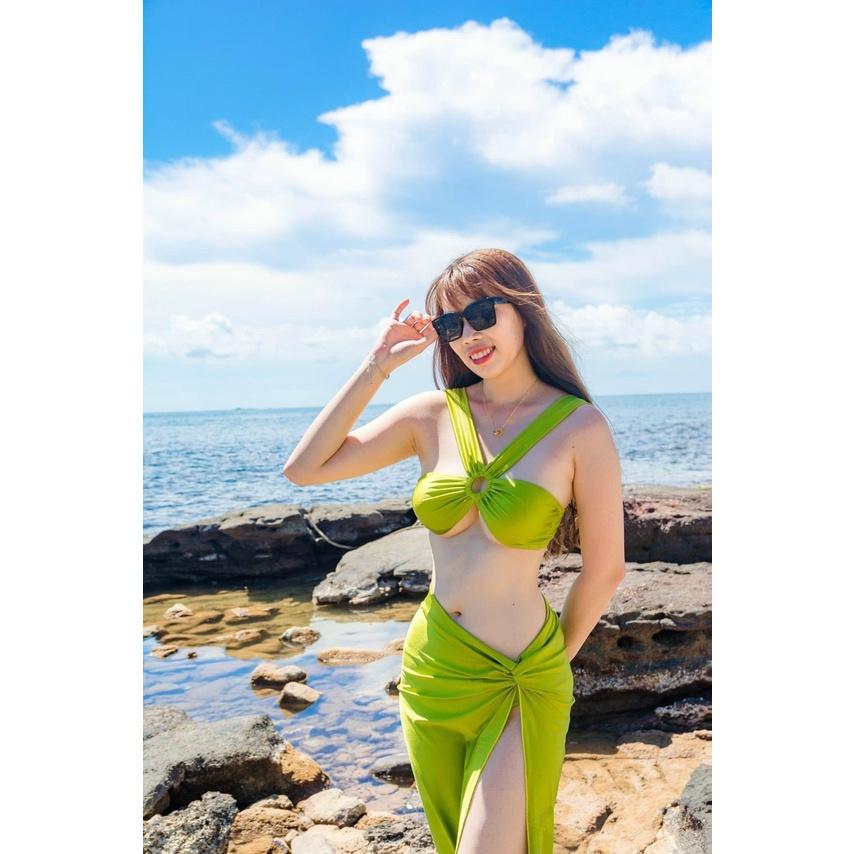 Set Bikini Đồ Bơi 3 Món Hồ Ngọc Hà Áo Khoen Tròn Váy Xoắn Eo BM-012