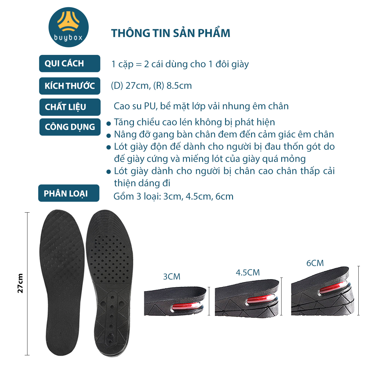 Lót giày độn đế tăng chiều cao 3cm, 4.5cm, 6cm  đế cao su dẻo cấu trúc tổ ong thoáng khí - Buybox - BBPK353