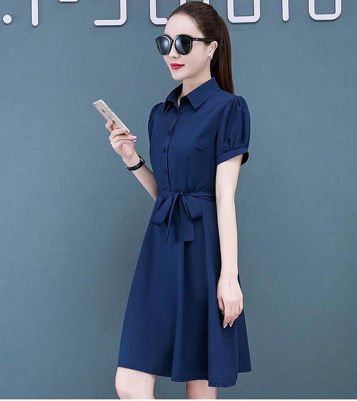Đầm suông cổ sơ mi phối cúc, đầm trơn thắt eo tôn dáng, thời trang công sở, đi tiệc AH34