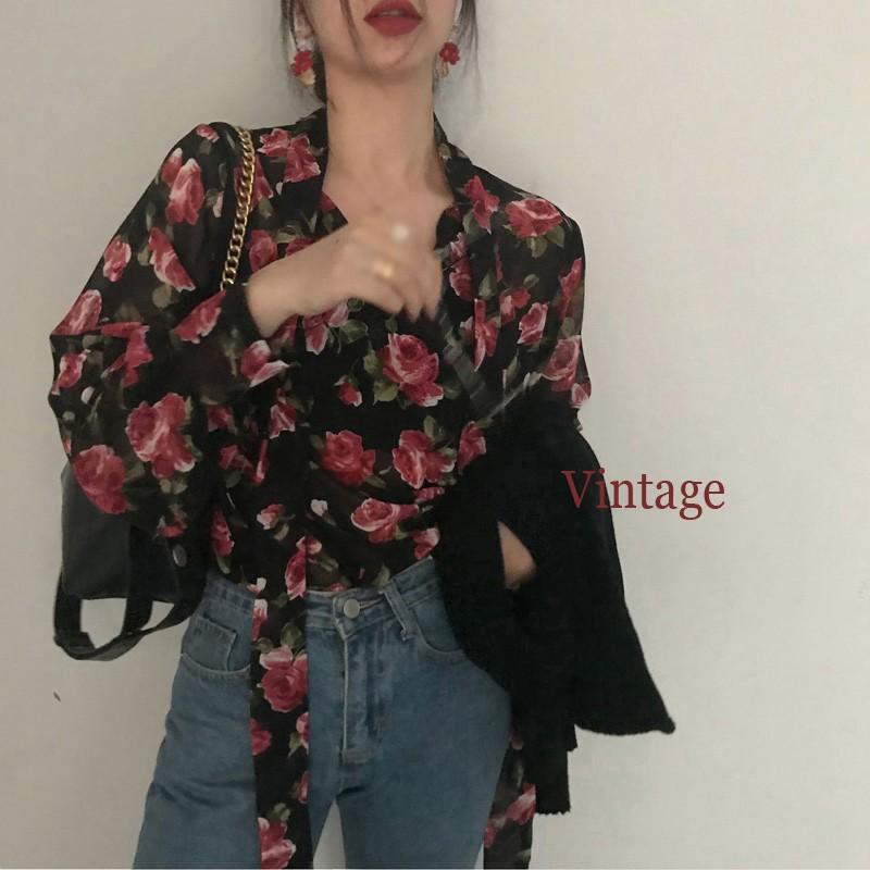 Áo Nữ Tay Dài Cổ Chữ V In Hoa Thời Trang