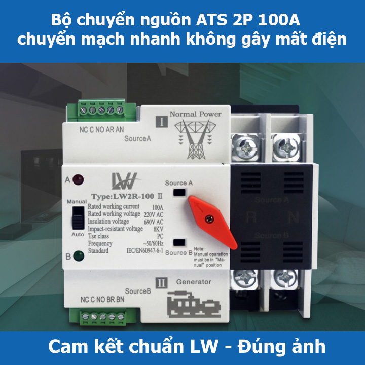 Bộ chuyển đổi hai nguồn điện tự động ATS 100A 2P cầu dao đảo chiều LW