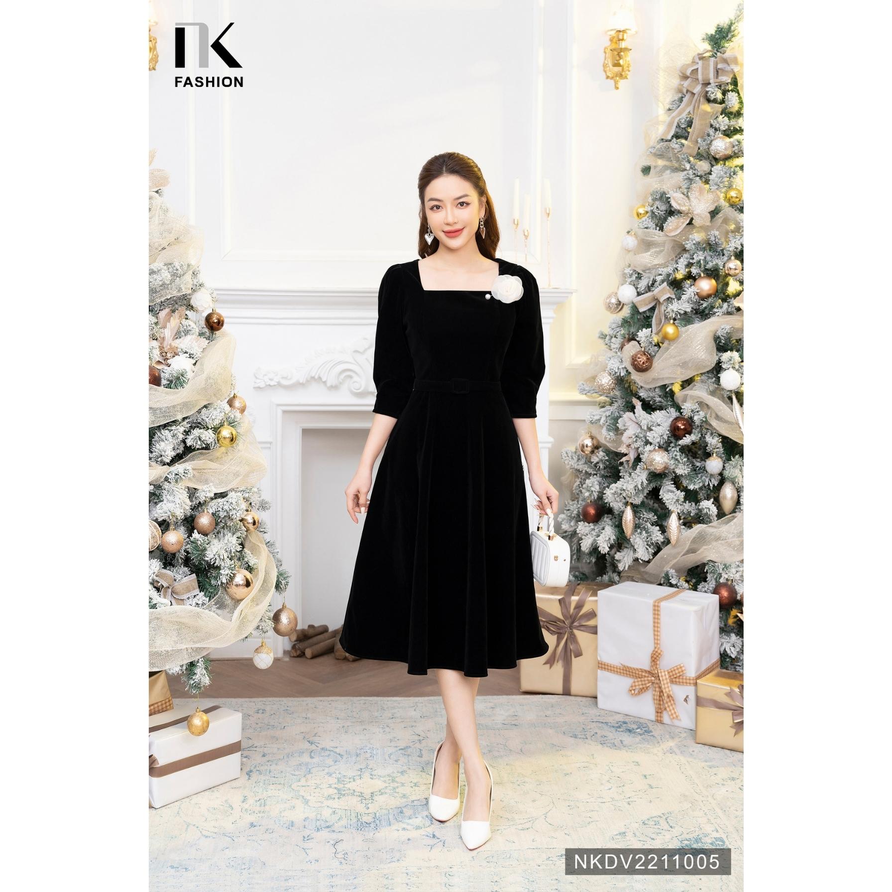 Đầm Nhung Cổ Vuông NK FASHION Thiết Kế Tay Bồng Tiểu Thư Chất Liệu Vải Nhập Hàn Cao Cấp NKDV2211005