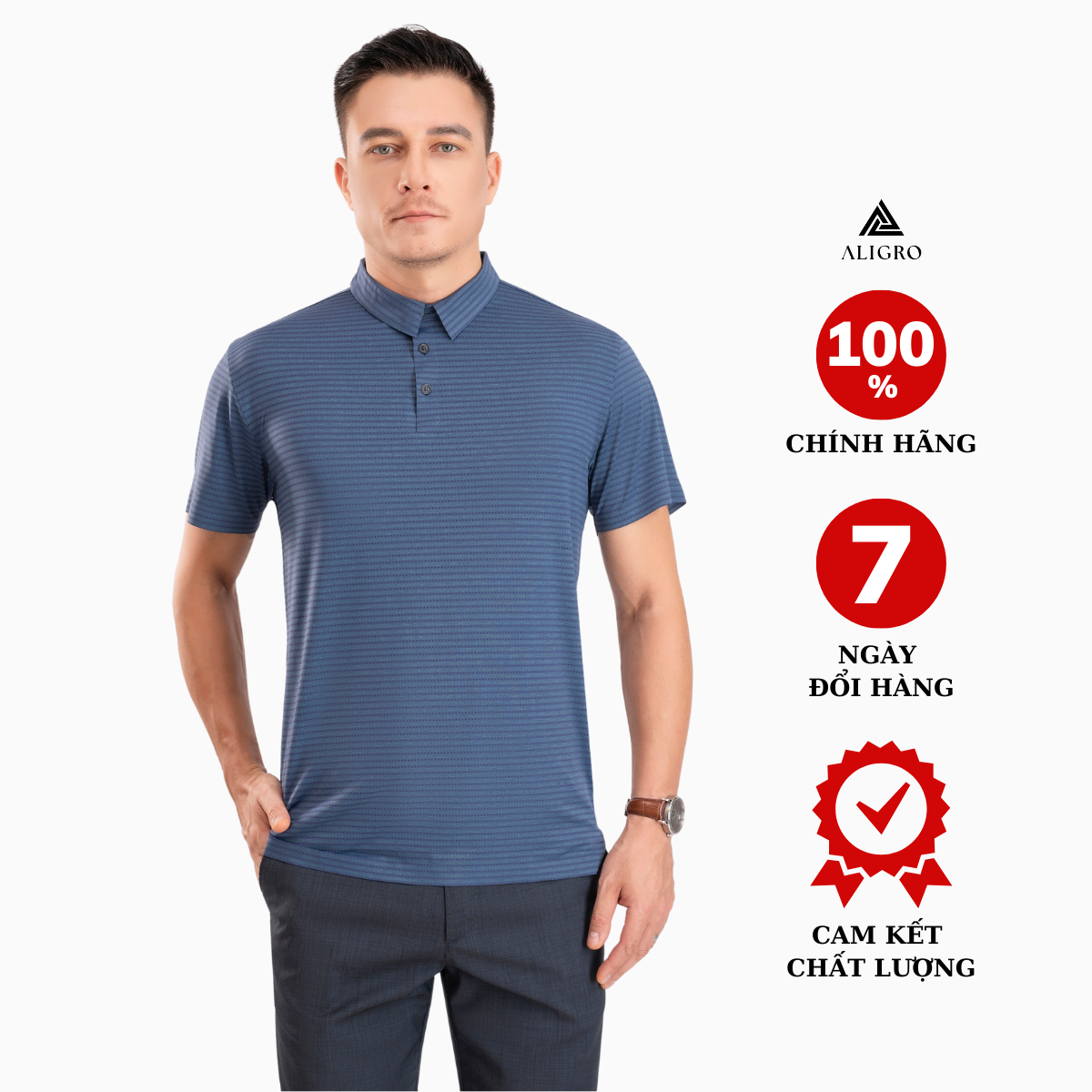 Áo polo golf nam ngắn tay ALIGRO chất vải coolmax màu xanh dệt kẻ ngang năng động ALGPLO119