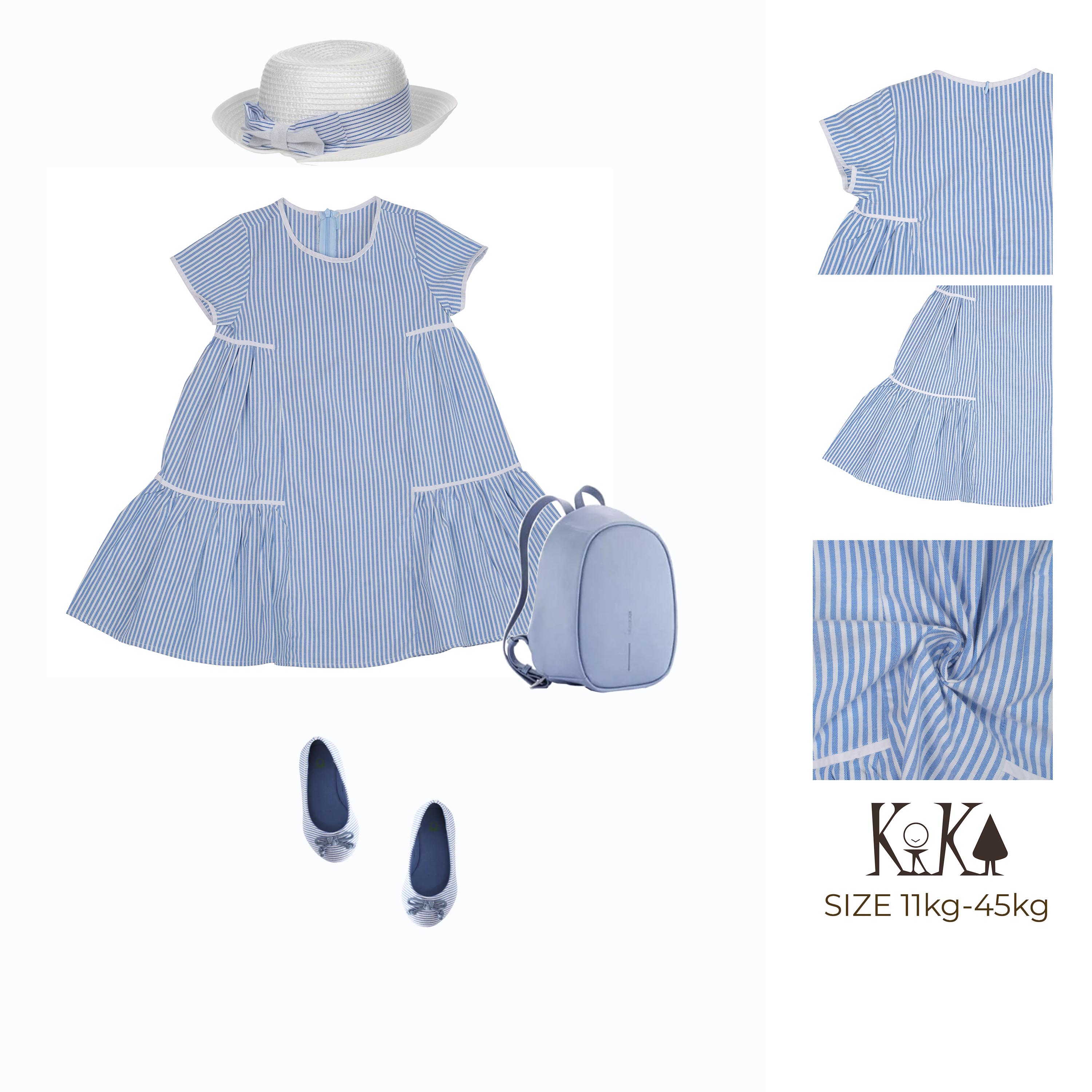 Đầm Bé Gái Kika Kẻ Xanh Blue Phối Viền Trắng K126 - Size 110