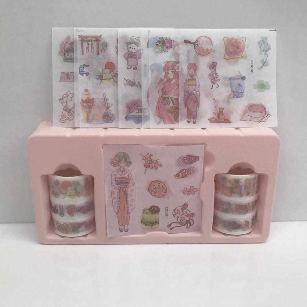 Hộp 6 Wasi tape và sticker theo chủ đề đáng yêu