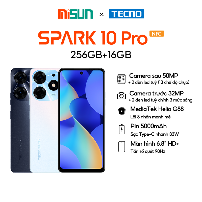 Điện thoại Tecno SPARK 10 Pro 8GB/256GB - Helio G88 | 5000 mAh | Sạc nhanh 18W | Cảm ứng vân tay | Hàng Chính Hãng