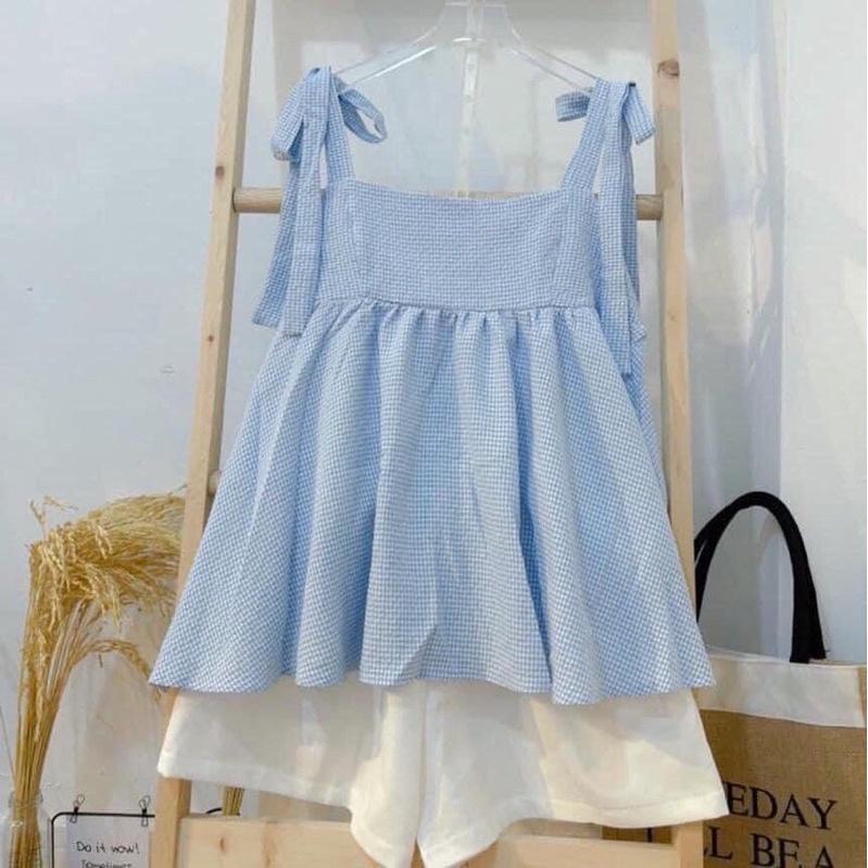 Set đồ nữ babydoll, set áo 2 dây thắt nơ vai kẻ caro xanh xốp kèm quần short style Hàn Quốc kiểu vintage ulzzang BO004